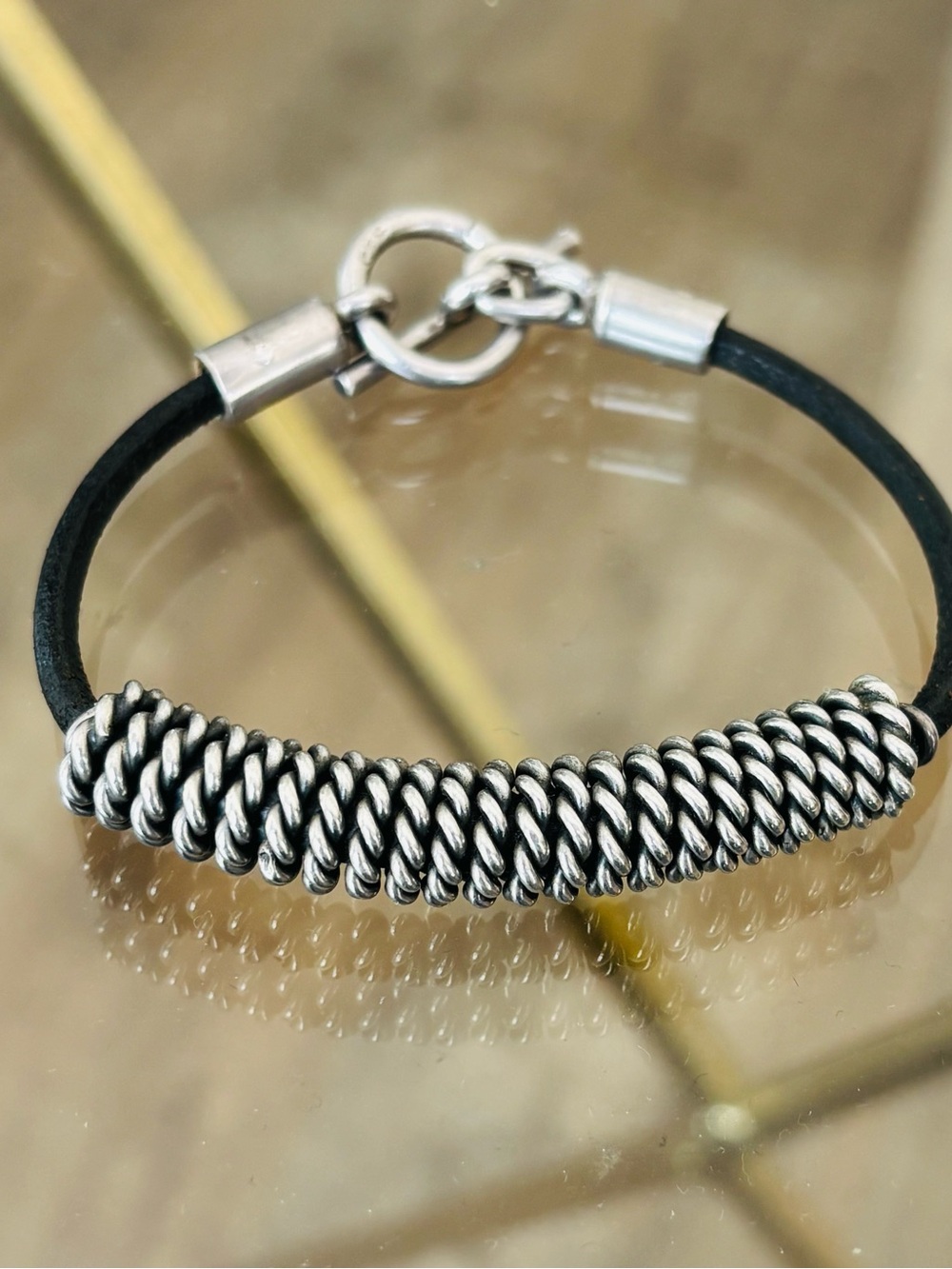 VINTAGE STERLING SILVER WIRE & BLACK CORD SOUTHWESTERN BRACELET 925 MEXICO 2215